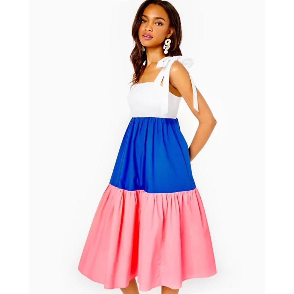 Lilly Pulitzer Anlee Cotton Midi Dress Colorblock Tie Shoulder Tiered- Size 8‎